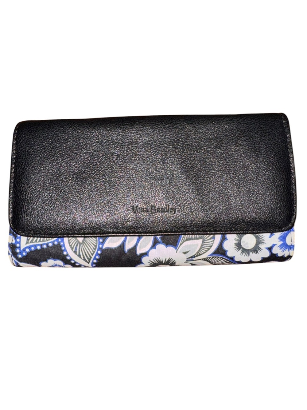 Vera Bradley Black Leather Flap Floral Clutch Wallet with Blue Accents
